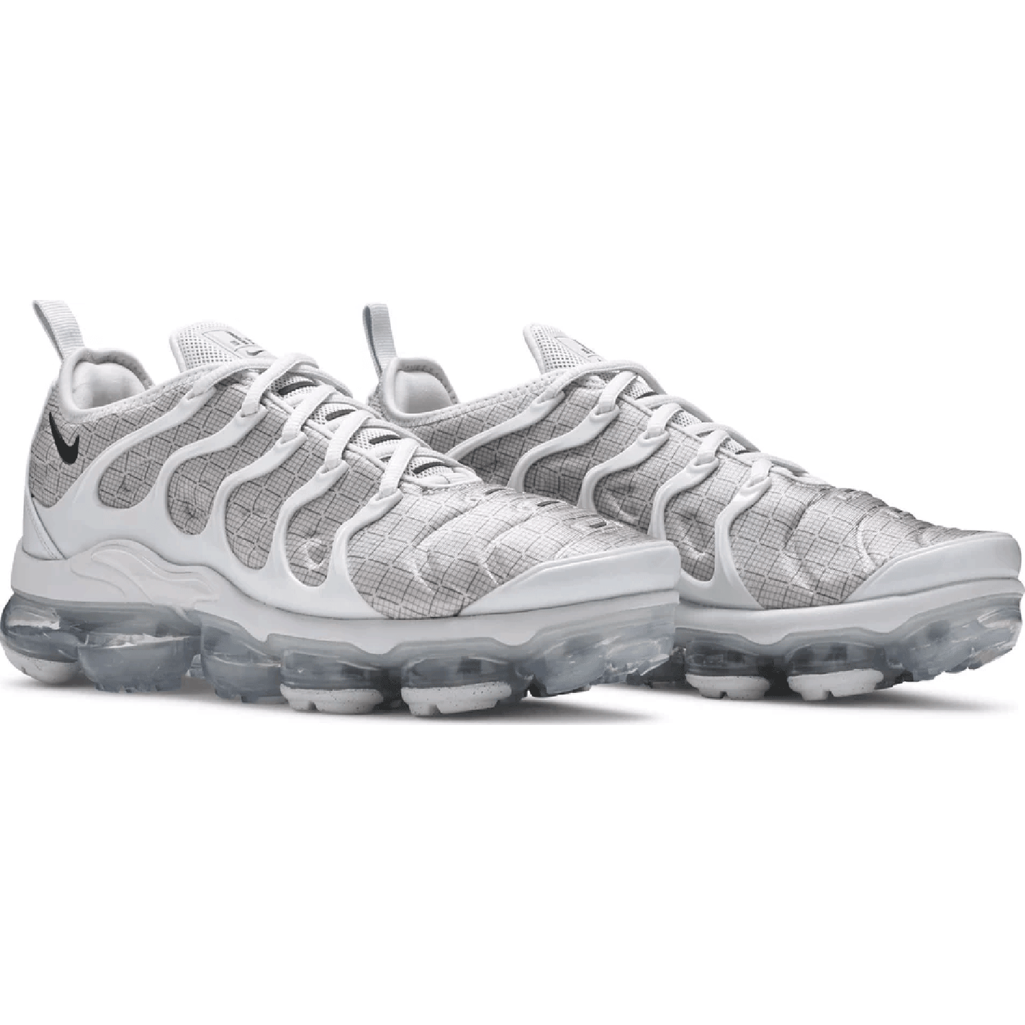 This is the front side of the pair of the Air Vapormax Plus Pure Platinum
