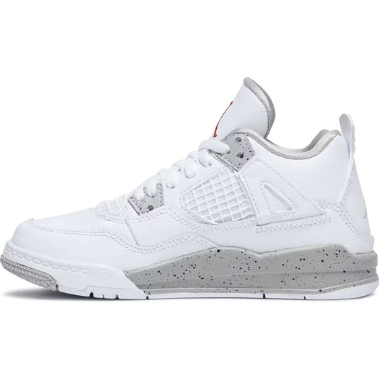 This is the left shoe of Jordan 4 Retro PS White Oreo.