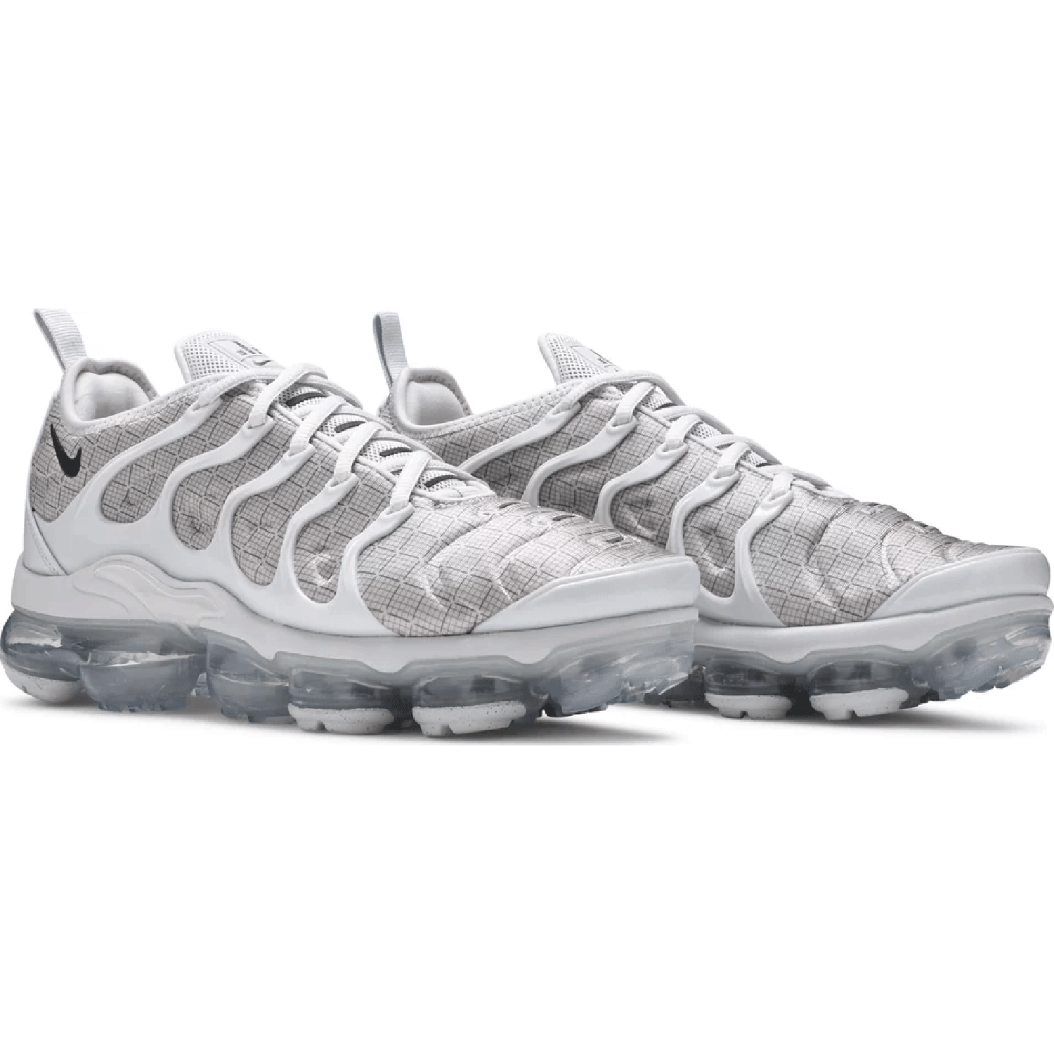 This is the front side of the pair of the Air Vapormax Plus Pure Platinum